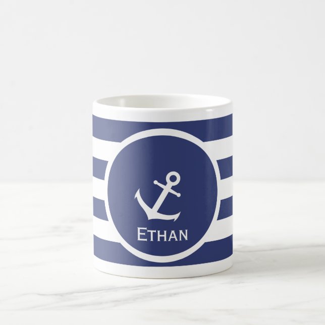 Mug Ancre nautique Bleu et blanc Nom (Centre)