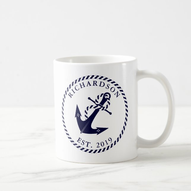 Mug Ancre nautique Bleu et blanc Personnalisé (Droite)