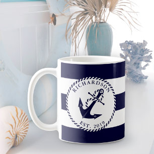 Mug Ancre nautique Bleu et Blancs de marine Personnali