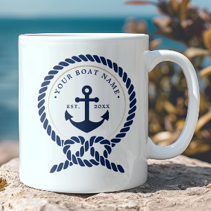Mug Ancre nautique et corde Nom du bateau Marine Bleu