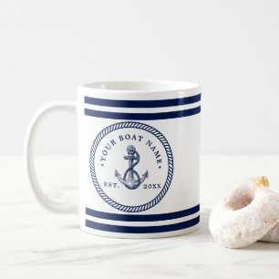 Mug Ancre nautique et corde Nom du bateau Marine Bleu