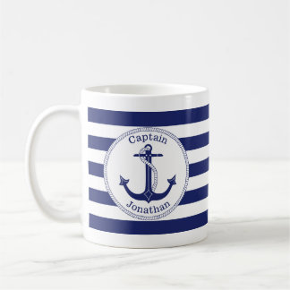 Mug Ancre nautique Marine Bleu Capitaine Personnalisé