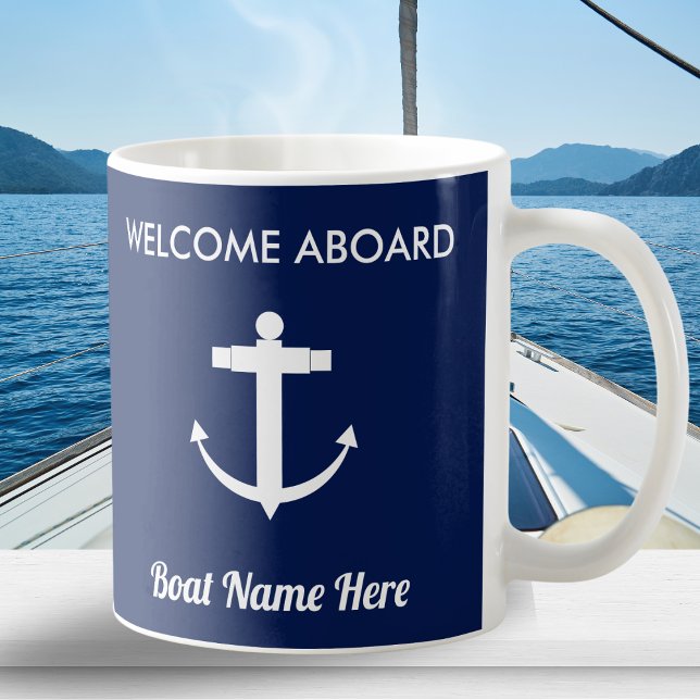 Mug Ancre nautique Marine Blue Welcome Aboard (A personalized nautical mug in navy blue and white, with 'Welcome Aboard' message and anchor picture)