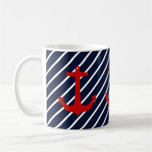 Mug Ancre rouge à rayure diagonale bleu marine nautiqu