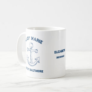 Mug Ancre Vintage Rustique Bleu Marine Nom Port