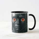 Mug Androïde yeux lumineux<br><div class="desc">Ce mug androïde futuriste est idéal pour tous ceux qui aiment les univers de science-fiction. Avec son visage métallique sombre et ses grands yeux rouges lumineux, ce robot a un look à la fois mystérieux et captivant. Son style unique attire l’attention et donne un côté original à vos pauses café....</div>