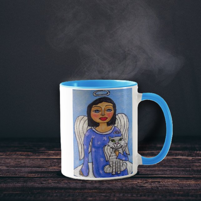 Mug Ange d'art populaire Ange de chat sur le nuage (Blue Eyed Angel white wings holding white angel cat sitting on cloud in blue sky coffee or tea mug.)