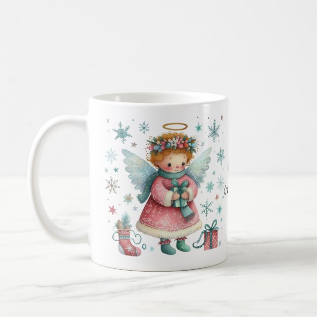 Mug Ange de Noël blanc rose et bleu (Gauche)