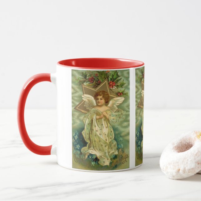 Mug Ange de Noël victorien avec une étoile dorée vinta (Avec donut)