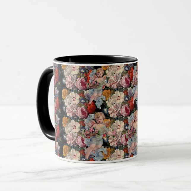 MUG ANGE GARDIEN ROMANTIQUE CUEILLANT DES ROSES ET DES (Devant gauche)