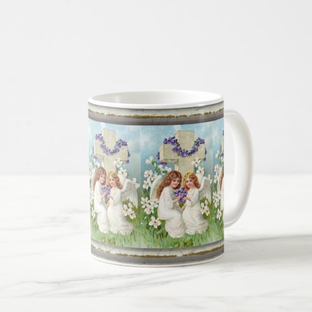 Mug Anges Mignons Avec Croix Et Fleurs  (Devant droit)