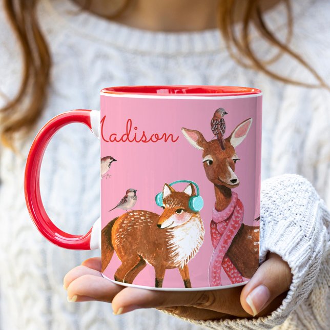 Mug Animaux de la Forêt Nom Personnalisé Noël (Woodland Animals Custom Name Christmas Mug)