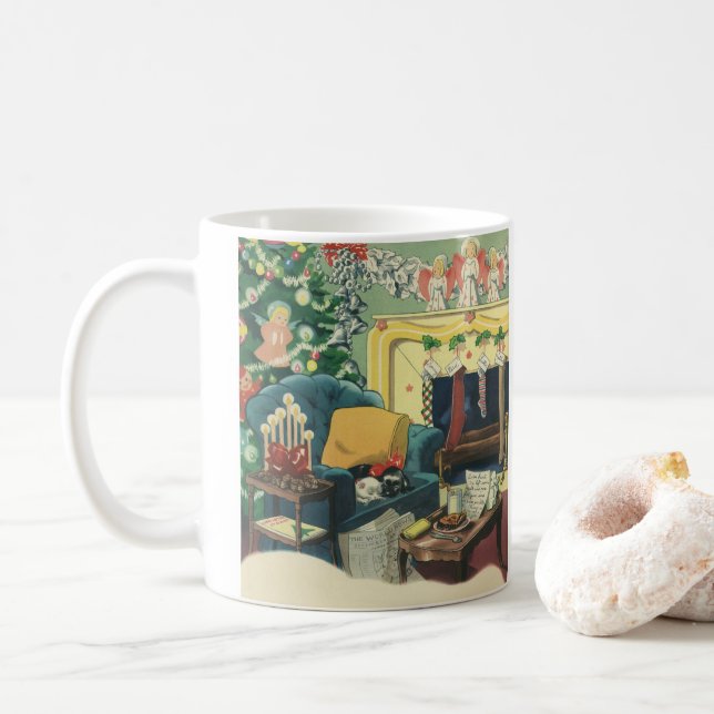 Mug Animaux de Noël Vintage dans le salon (Avec donut)
