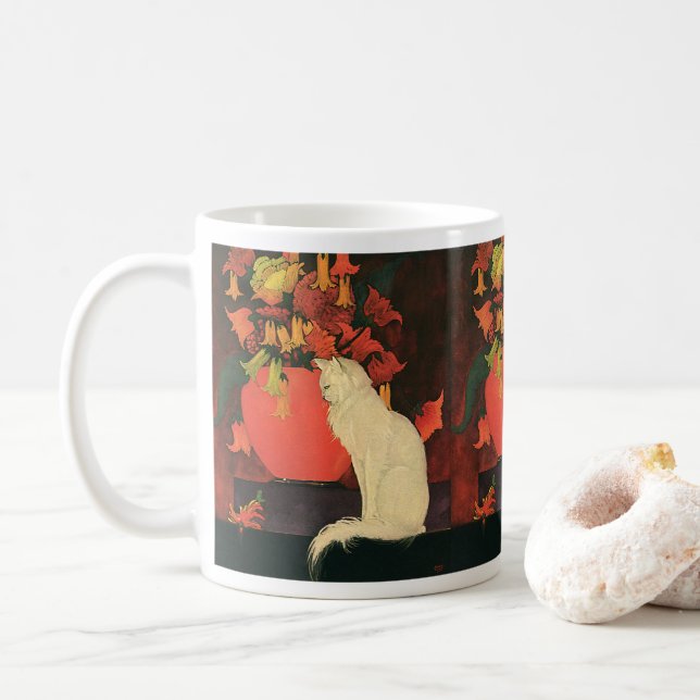 Mug Animaux Vintage, Élégant Chat Blanc, Fleurs d'Auto (Avec donut)