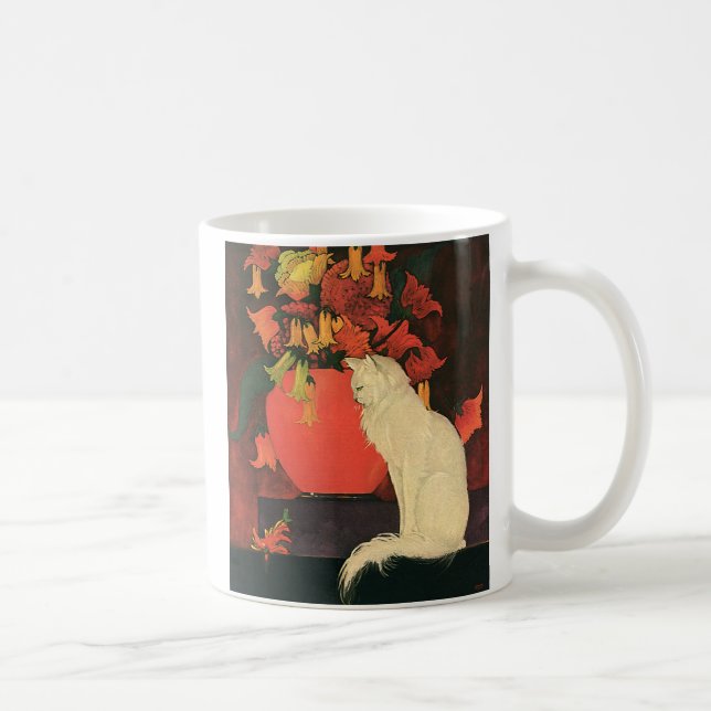 Mug Animaux Vintage, Élégant Chat Blanc, Fleurs d'Auto (Droite)