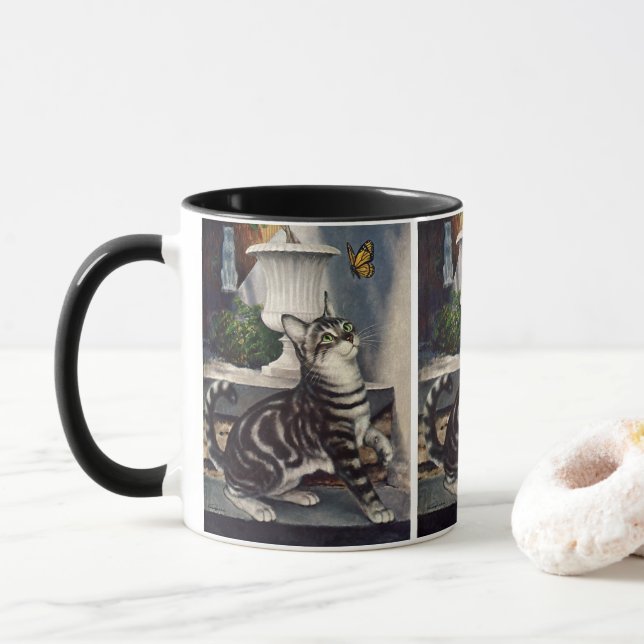Mug Animaux vintages, mignon Tabby Cat papillon (Avec donut)