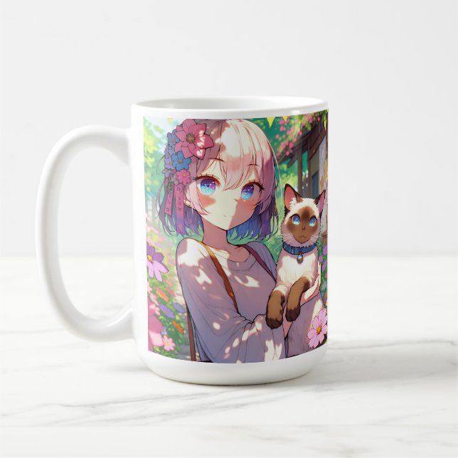 Mug Anime Girl et chat siamois Personnalisé (Gauche)