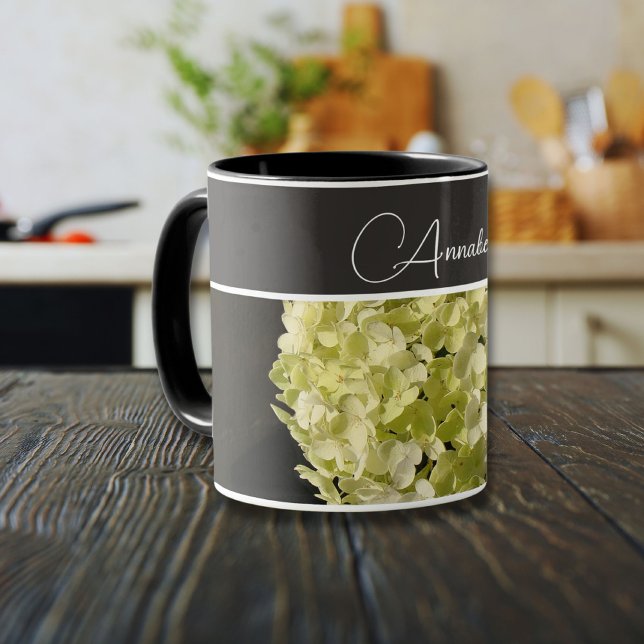 Mug Annabelle Hydrangea Fleurs Photo (Green-white  hydrangea and black with personalized name)