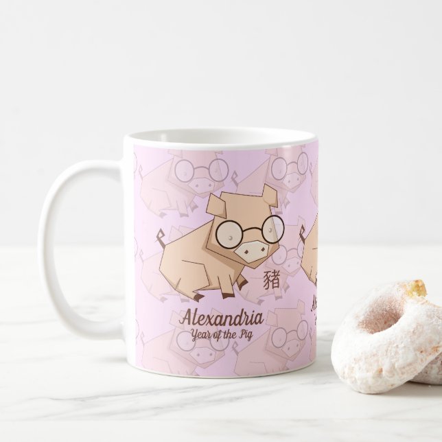 Mug Année chinoise rose caricature du porc (Avec donut)