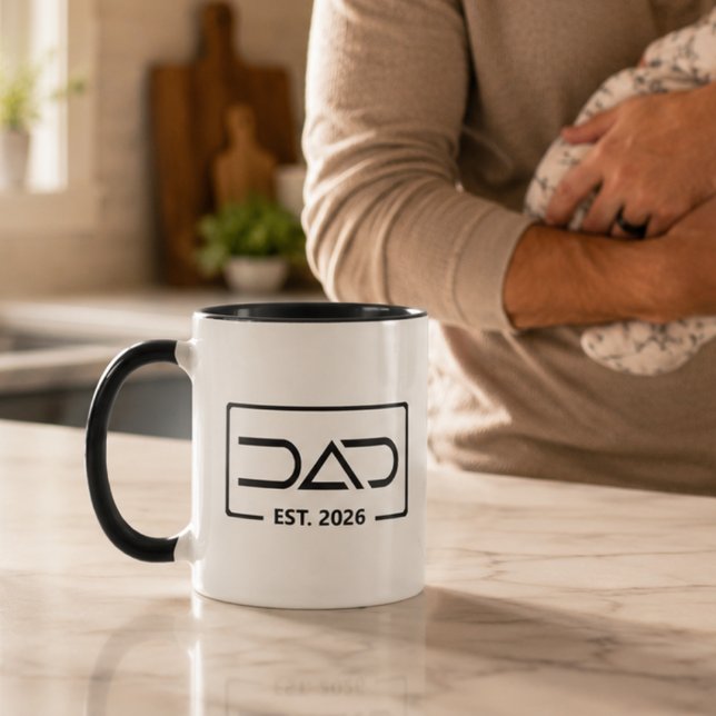 Mug Année de création de Papa Typographie moderne (dad established fathers day  mugs modern geometric bordered black white typography simple year date)