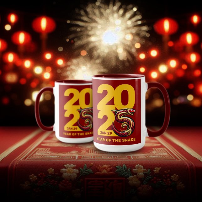 Mug Année rouge or du serpent 2025 (CNY 2025 15oz Two-Tone Mugs Fireworks Lanterns Cover Photo)