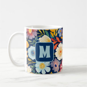 Mug Années 70 60 Rétro Floral Monogramme Bleu et Orang