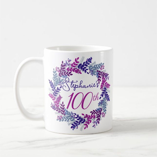 Mug Anniversaire 100 ans élégant monogramme rose et vi (Gauche)