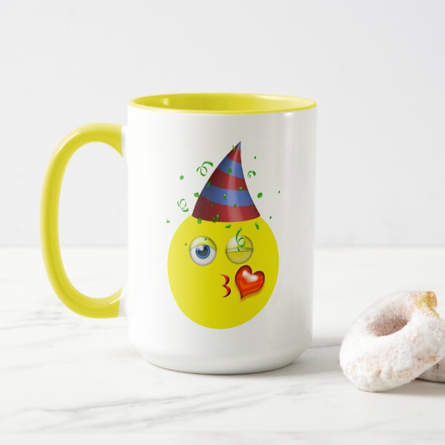 Mug Anniversaire Emoji de clin d'oeil et de baiser (Avec donut)