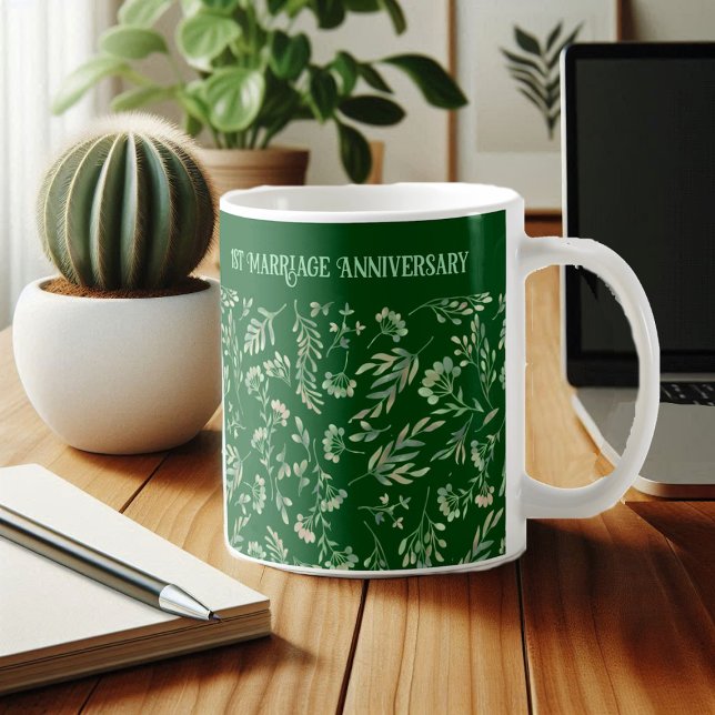 Mug Anniversaire Feuille de la forêt de printemps (Spring Forest Green Botanical Leaves Anniversary Coffee Mug)