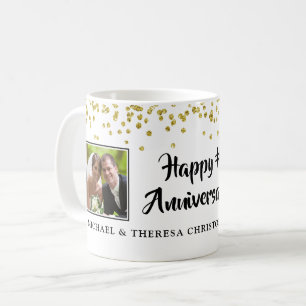 Mug Anniversaire moderne 2 Photos Gold Confetti Noms