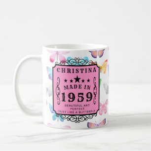 Mug Anniversaire personnalisé 1959 Papillons rose mou