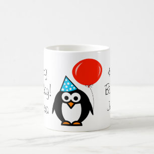 Mug anniversaire Pingouin avec ballon rouge et nom