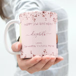 Mug Anniversaire rose or étoiles photo amis noms<br><div class="desc">Un cadeau d'amis pour le 21e anniversaire d'une femme (ou tout âge). Personnalisez et 2 de vos propres photos, son nom, 21 ans et vos noms. Texte rose foncé. Un or rose féminin chic, couleur arrière - plan rose. Son nom est écrit avec un script de style moderne écrit à...</div>