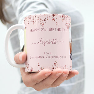 Mug Anniversaire rose or étoiles photo amis noms