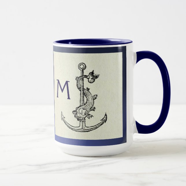 Mug ANTIQUE ANCRE & POISSON NAUTIQUE Marine Blue Monog (Droite)
