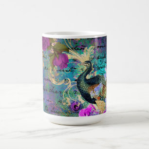 Mug Antique Paon et Fleurs Illustrés Grunge