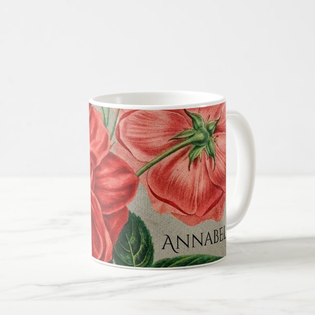Mug Antique Red Rose Art on Grey Personalised (Devant droit)