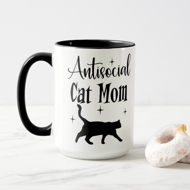 Mug Antisocial Cat Mom Black Cat Stars Funny Sarcastic (Avec donut)