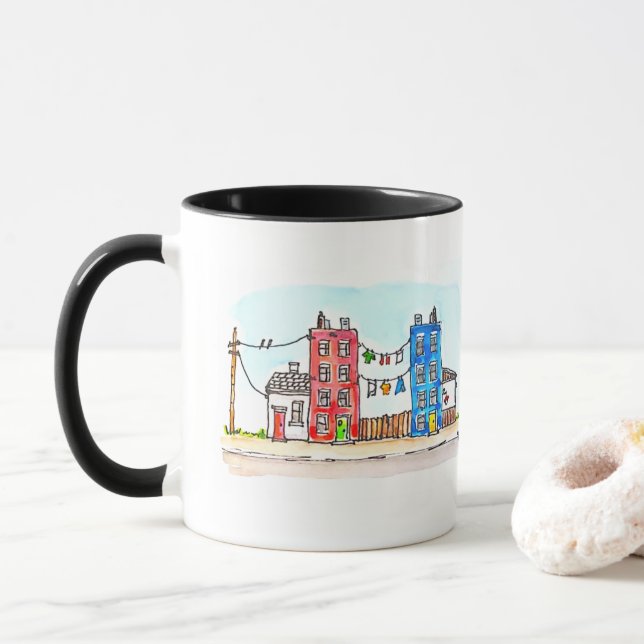 Mug Apartments bleu et rouge Aquarelle (Avec donut)