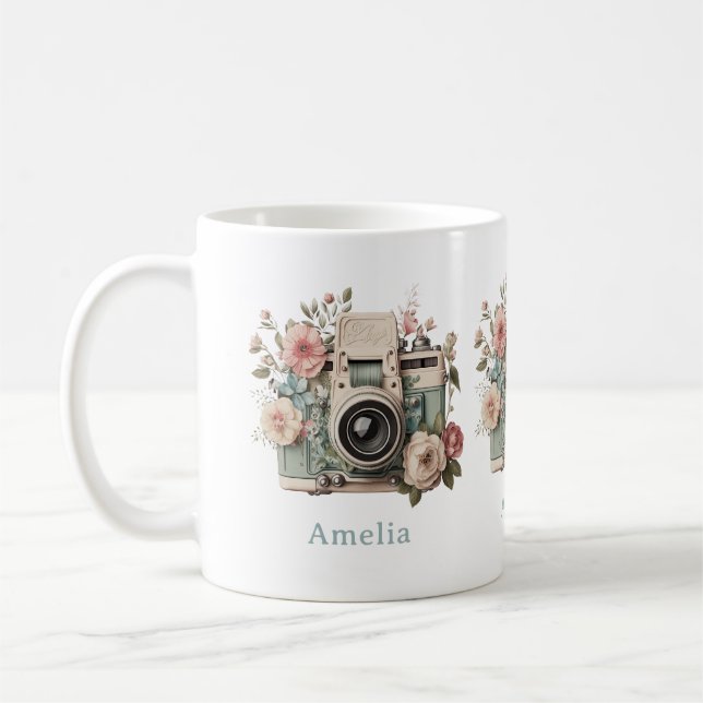 Mug Appareil photo avec image rétro pastel de fleurs (Gauche)