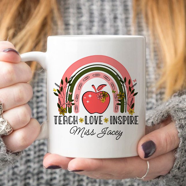 Mug Appréciation de l'enseignant de l'arc-en-ciel (TEACH LOVE INSPIRE RAINBOW Personalized Name Teacher mug, teacher gift, teacher appreciation gifts)
