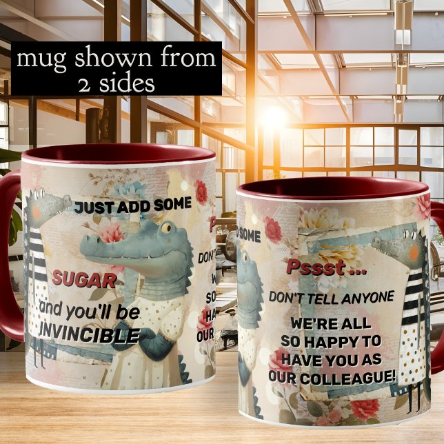 Mug Appréciation d'un collègue alligator drôle (Funny office humor boho chic whimsical coffee mug with a collage design with alligators/crocodiles)