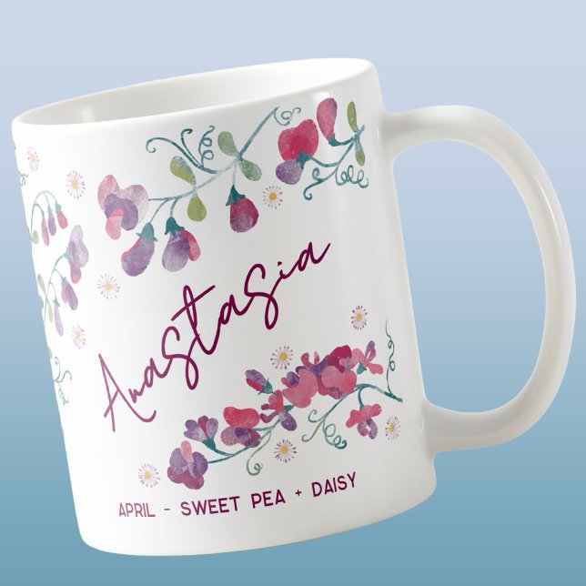 Mug April Birth Flower Custom Name Sweet Pea Daisy (April birth month flower sweet pea Daisy personalized custom name coffee mug)