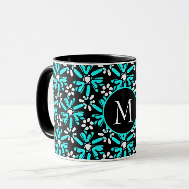 Mug Aqua Blue & Black Batik Flower Motif Monogramme (Devant gauche)