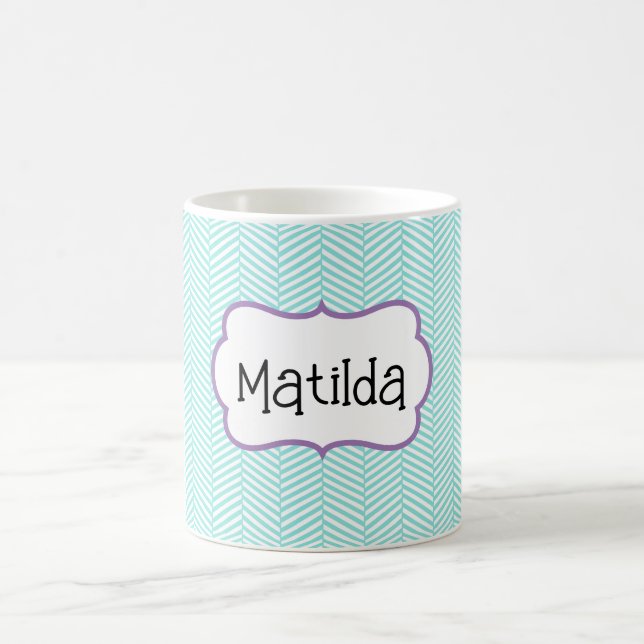 Mug Aqua Blue et Lavender Purple Chevron Nom (Centre)