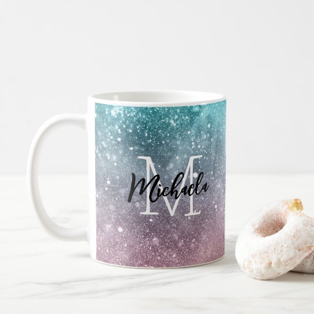 Mug Aqua blue Pink ombre mer galaxie abstraite Monogra (Avec donut)