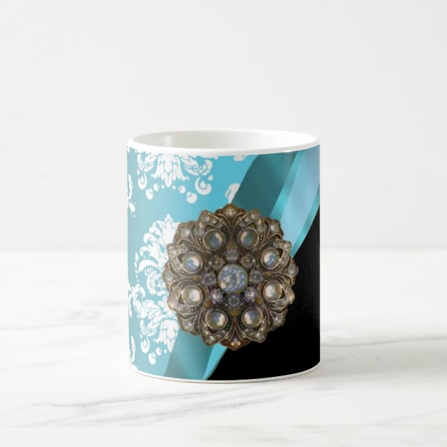 Mug Aqua & damas blanc avec gemme de faux cristal (Centre)