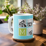 Mug Aqua et Lime Instagram 5 Photo Collage Monogramme<br><div class="desc">Motif Chevron Vert et Bleu - Utilisez cinq photos carrés pour créer un cadeau unique et personnel. Ou vous pouvez garder le chiot hipster et faire un gardien branché. Si vous avez besoin d'ajuster les images,  cliquez sur l'outil personnaliser pour apporter des modifications.</div>