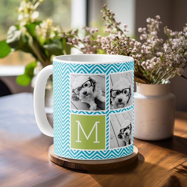 Mug Aqua et Lime Instagram 5 Photo Collage Monogramme (Personalized Coffee Mug)