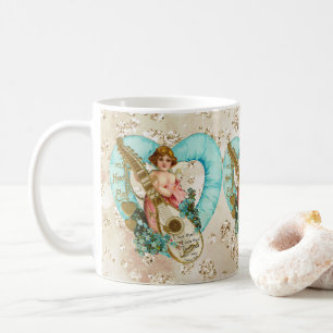 Mug Aqua Heart Golden Cherub & Harp Bokeh Bling